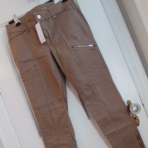 WHBM The Skimmer New Cropped Pants Faux Leather Trim Beige Tan Zip Pockets